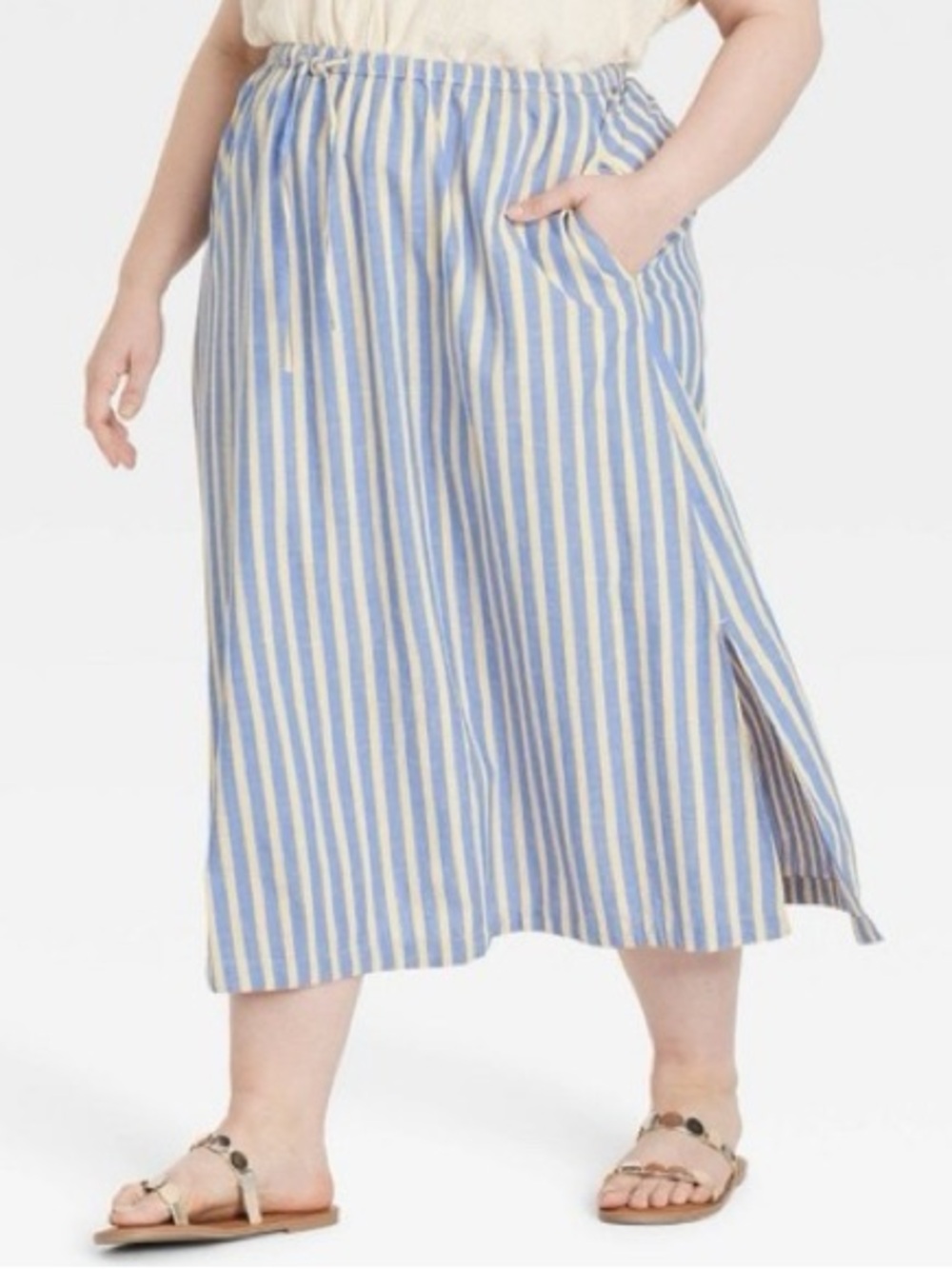 Striped Blue and Cream A-Line Midi Skirt